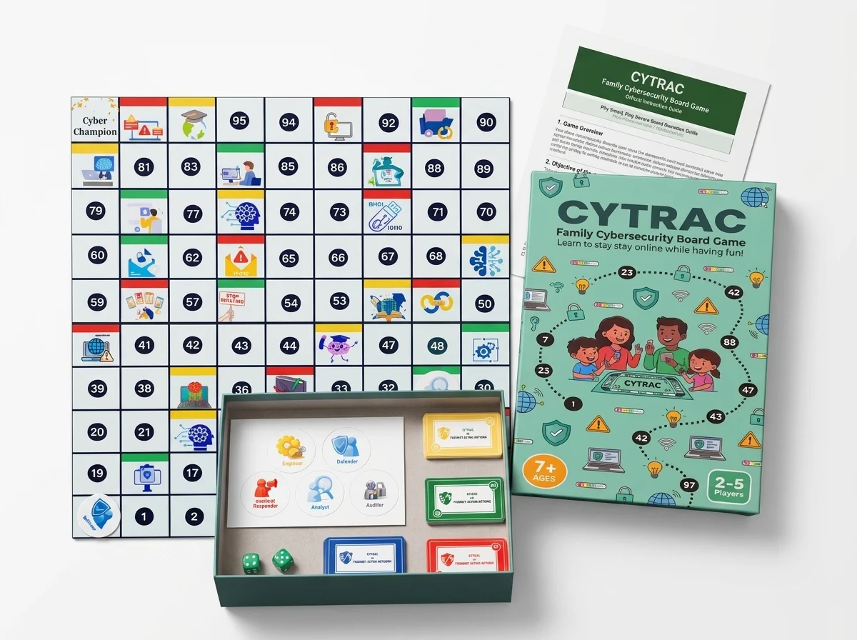 CYTRAC board game box and components laid out on a table